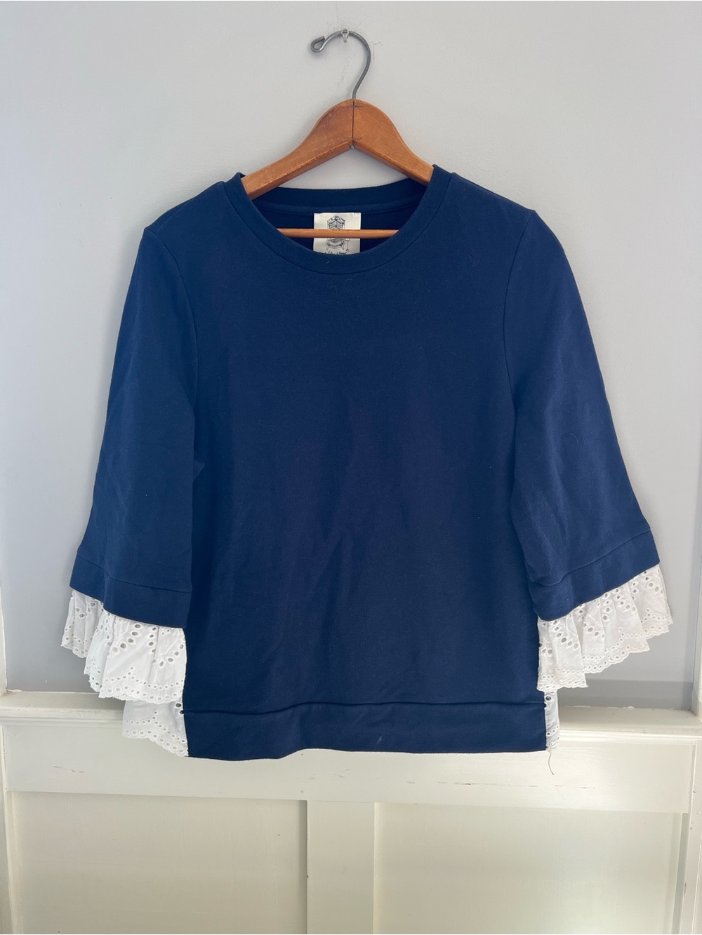 Navy Eyelet Ruffle Sleeve Top Boho Cottagecore Lace Trim Blouse LARGE